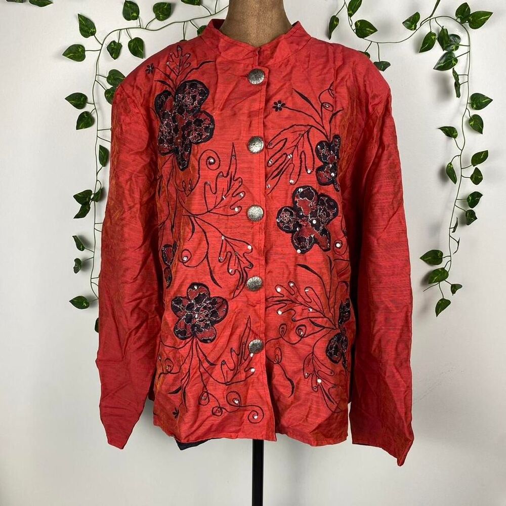 NWT Alex Kim Red black floral embroidered sequin jacket kimono silver buttons